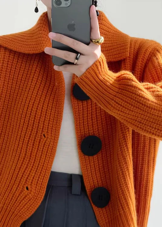 Casual Orange Button Down Knit Cardigan