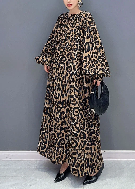 Elegant Loose Leopard Print O-Neck Dress Long Sleeve