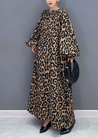 Elegant Loose Leopard Print O-Neck Dress Long Sleeve