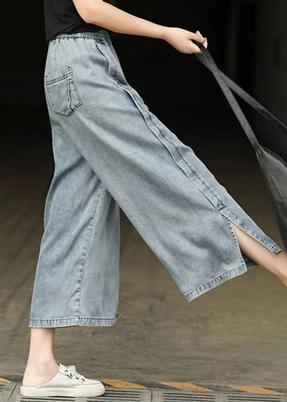 Stylish Elastic Waist Side Opening Denim Nine Minute Pants