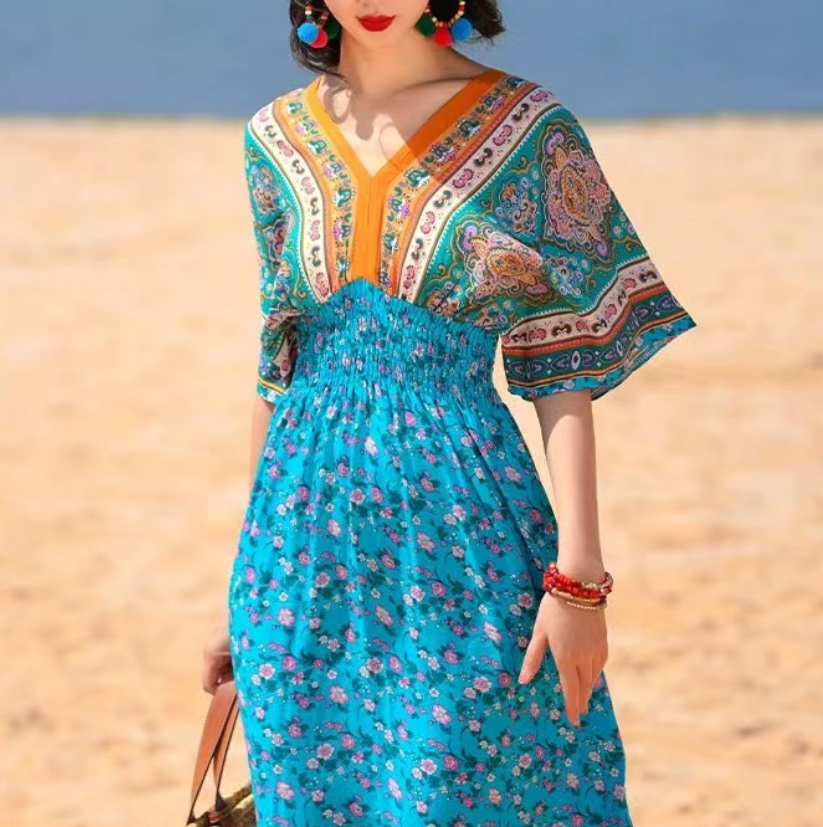 Bohemian V-Neck Printed Color Clash Short Sleeve Dress