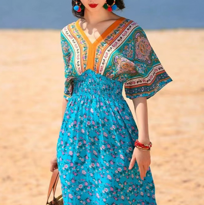 Bohemian V-Neck Printed Color Clash Short Sleeve Dress