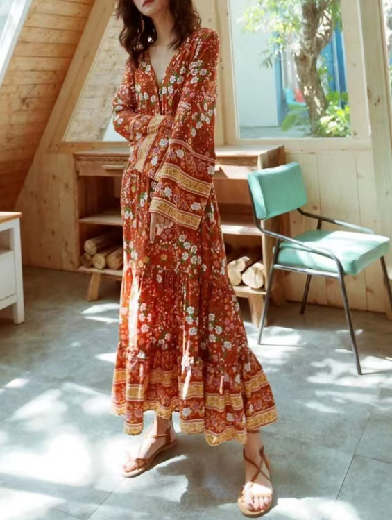 Bohemian V-Neck Printed Long Sleeve Long Dresses