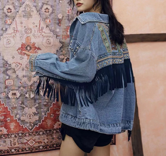 Fashion Embroidery Willow Studded Fringe Short Denim Jacket