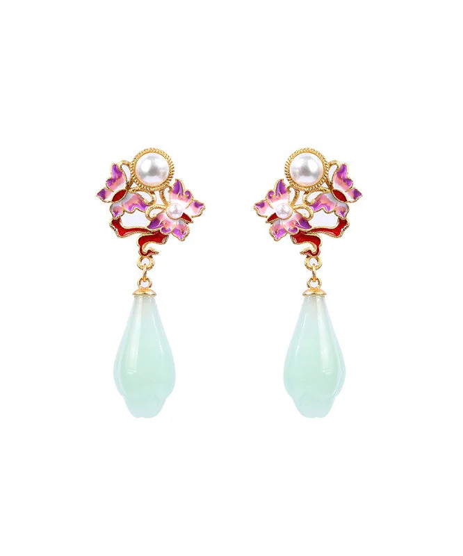 Fashion Gold Pearl Jade Butterfly Flower Earrings