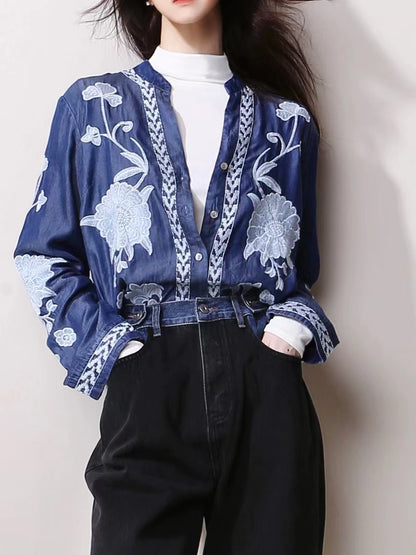 Fashion V-Neck Embroidered Floral Cardigan Long Sleeve Shirt Denim