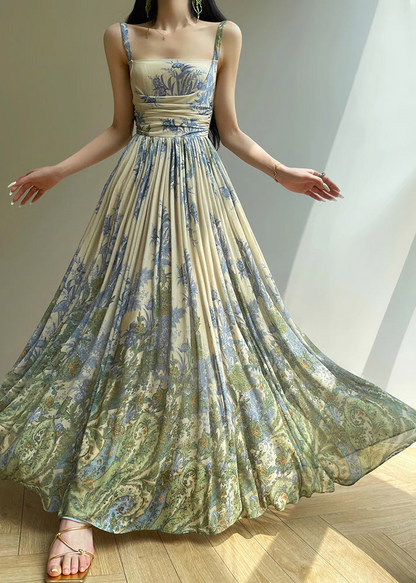 Elegant Ruched Printed Tulle Spaghetti Shoulder Dress