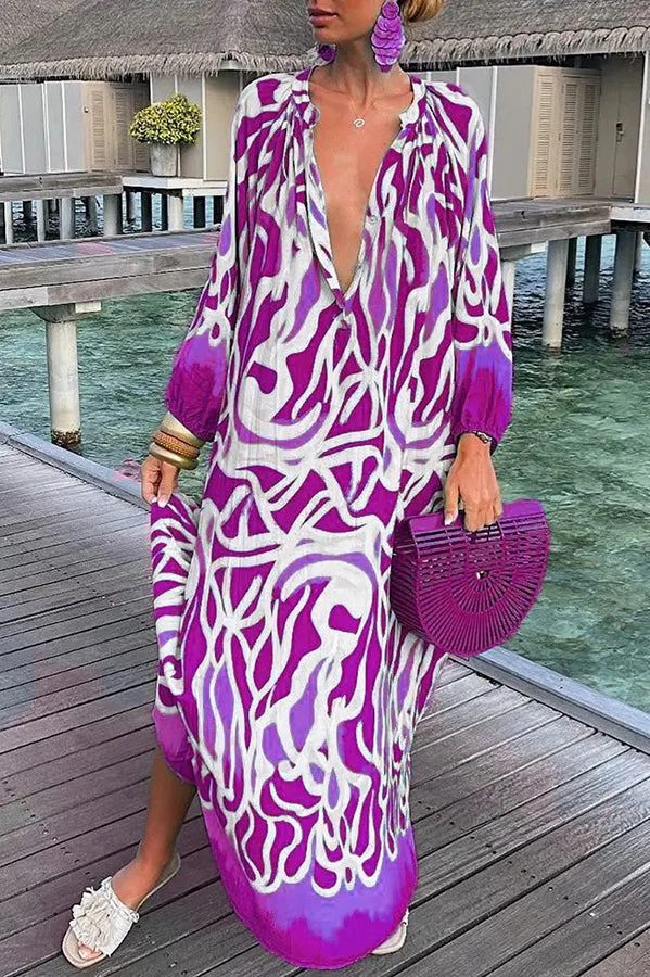 Geometric Printed Front Button Up Long Sleeve Shirt Dress