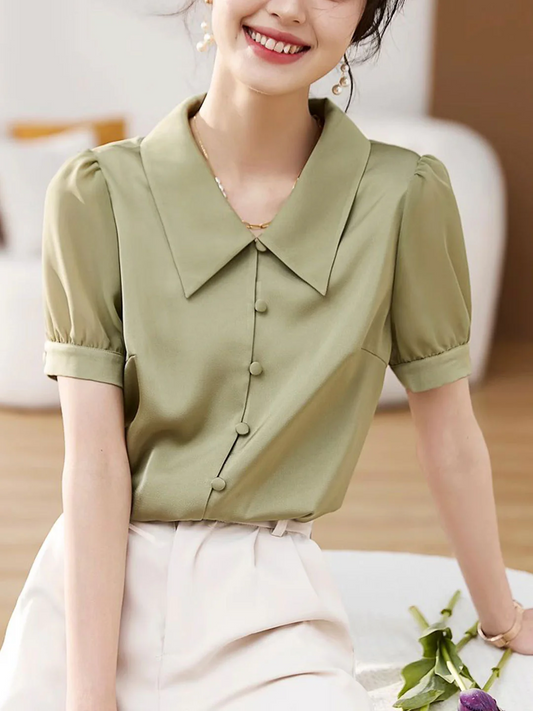 Elegant Lapel Bubble Sleeve Satin Short Sleeve Blouse Top