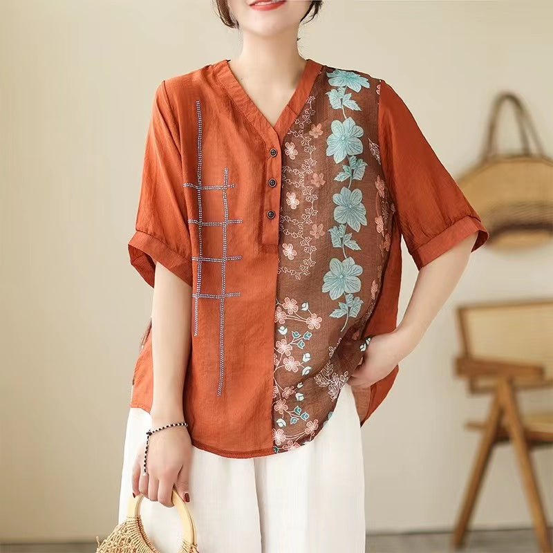 Casual Printed Patchwork Color Block Button Short Sleeve Shirt Top