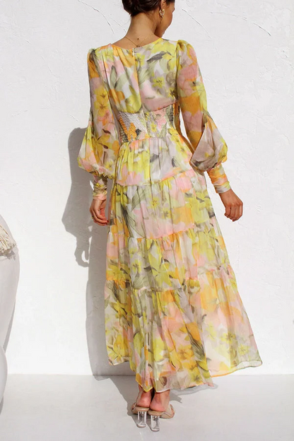 Elegant Abstract Floral Lantern Sleeve Extra Long Dress