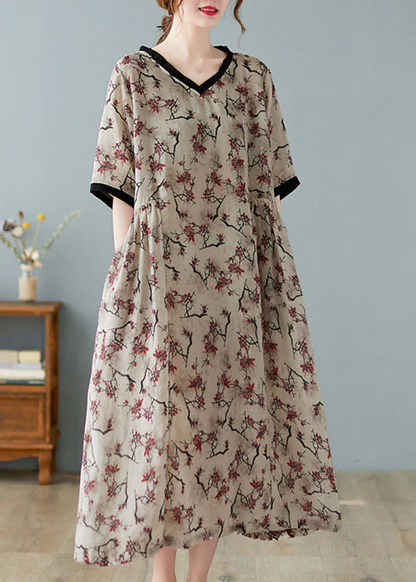 Elegant V-Neck Printed Linen Short Sleeve Dress