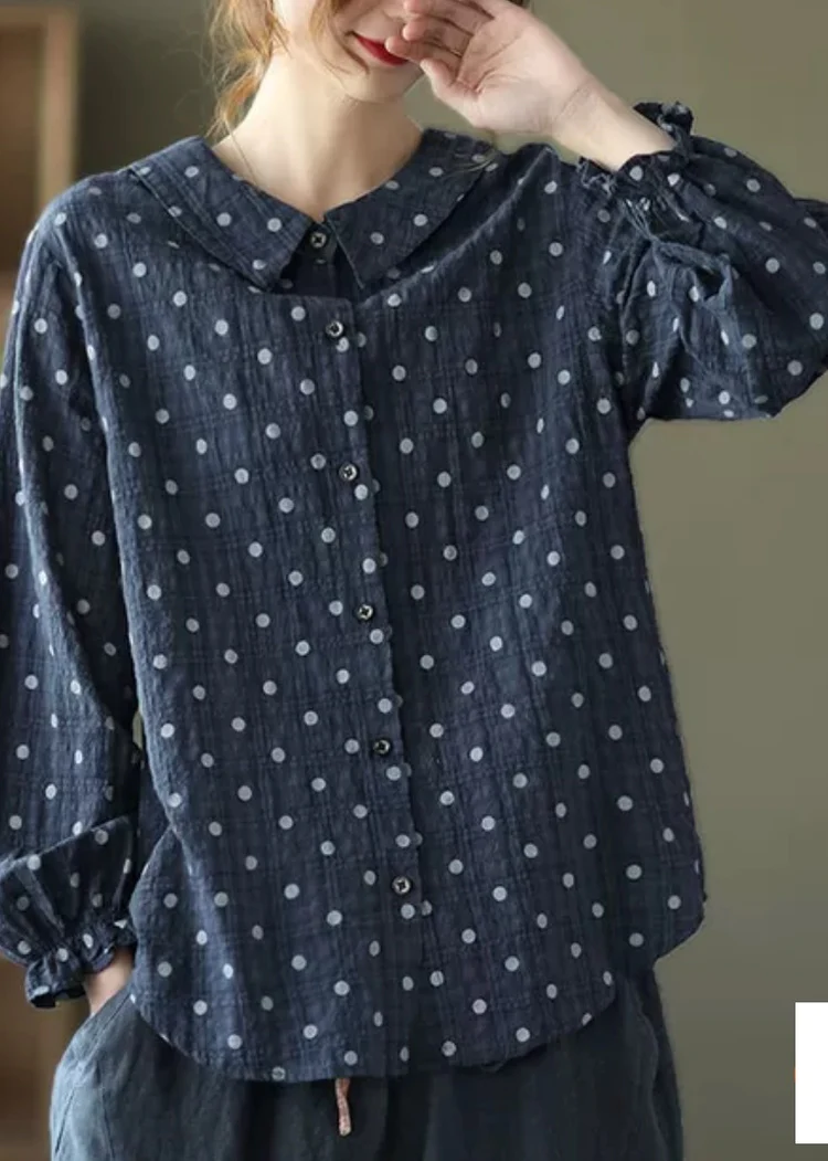 Casual Button Dot Print Lantern Sleeve Shirt Top