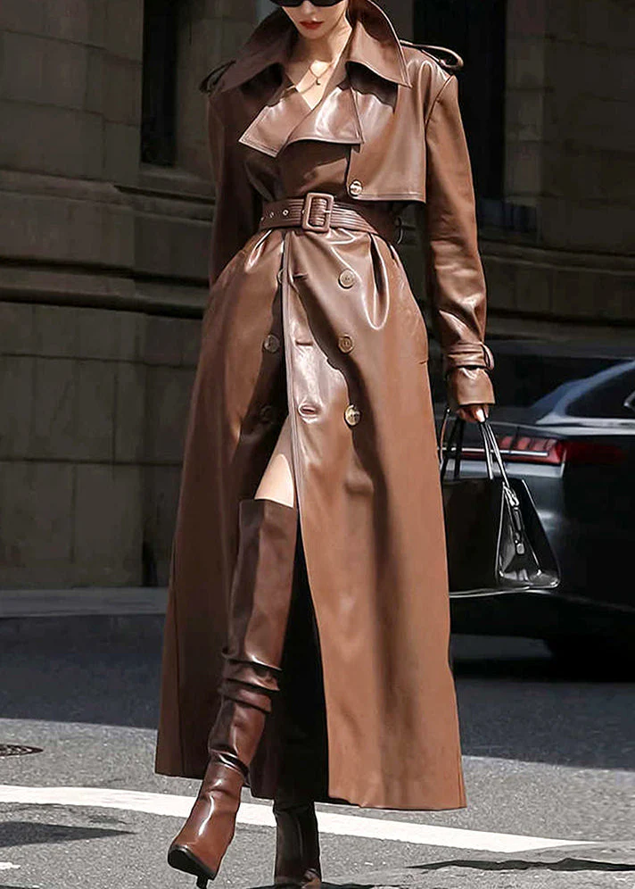 Women's Loose Mouth Buttoned Faux Leather Long Trench Coat