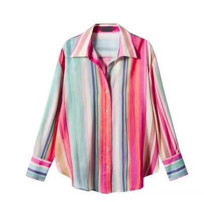 Loose Retro Lapel Colourful Striped Long Sleeve Shirt Top