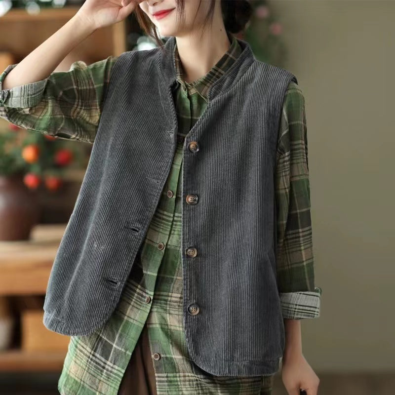 Collar Button Pocket Corduroy Vest Top