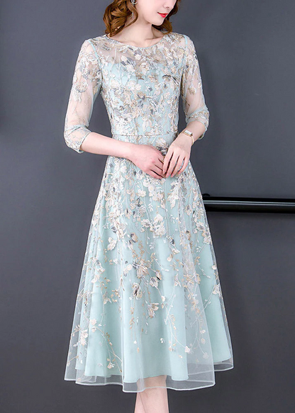 Elegant Round Neck Embroidered Floral Drawstring Organza Long Half Sleeve Dresses