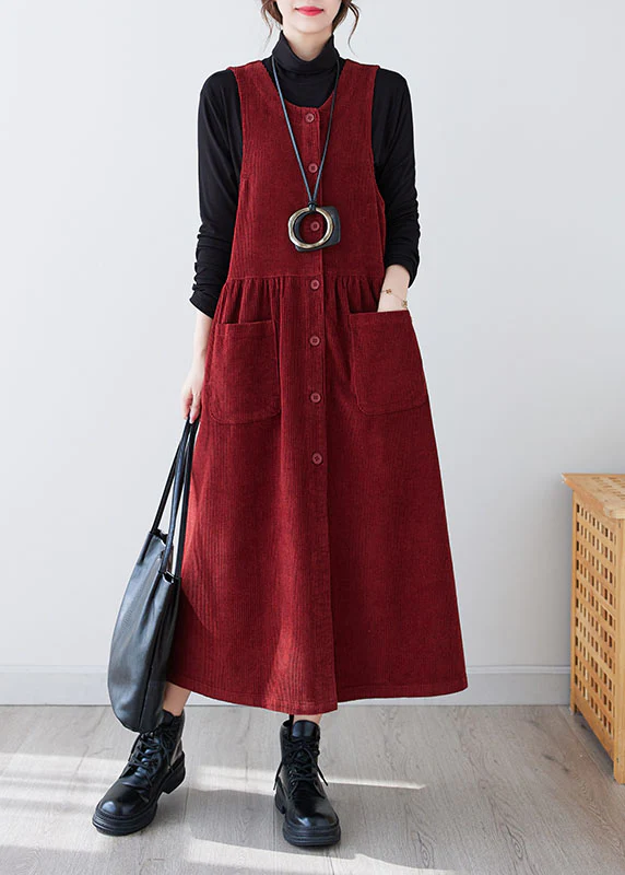 Casual O Neck Quilted Pocket Corduroy Long Dress