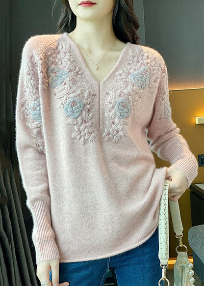 Women's Loose V-Neck Embroidered Patchwork Cotton Knit Sweater