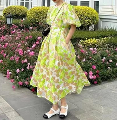 Elegant Green O Neck Embroidered Slim Tulle Short Sleeve Long Dress