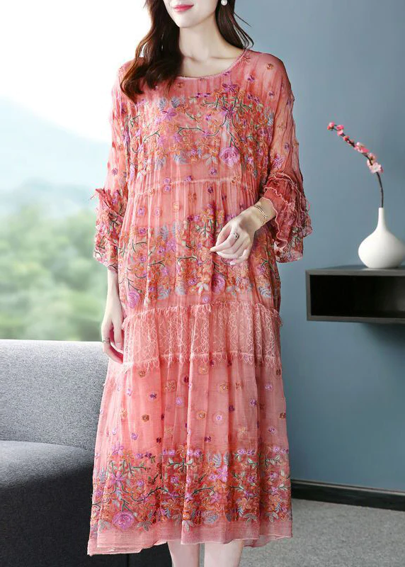 Elegant Embroidered Oversized Silk Vacation Dress Flared Sleeve