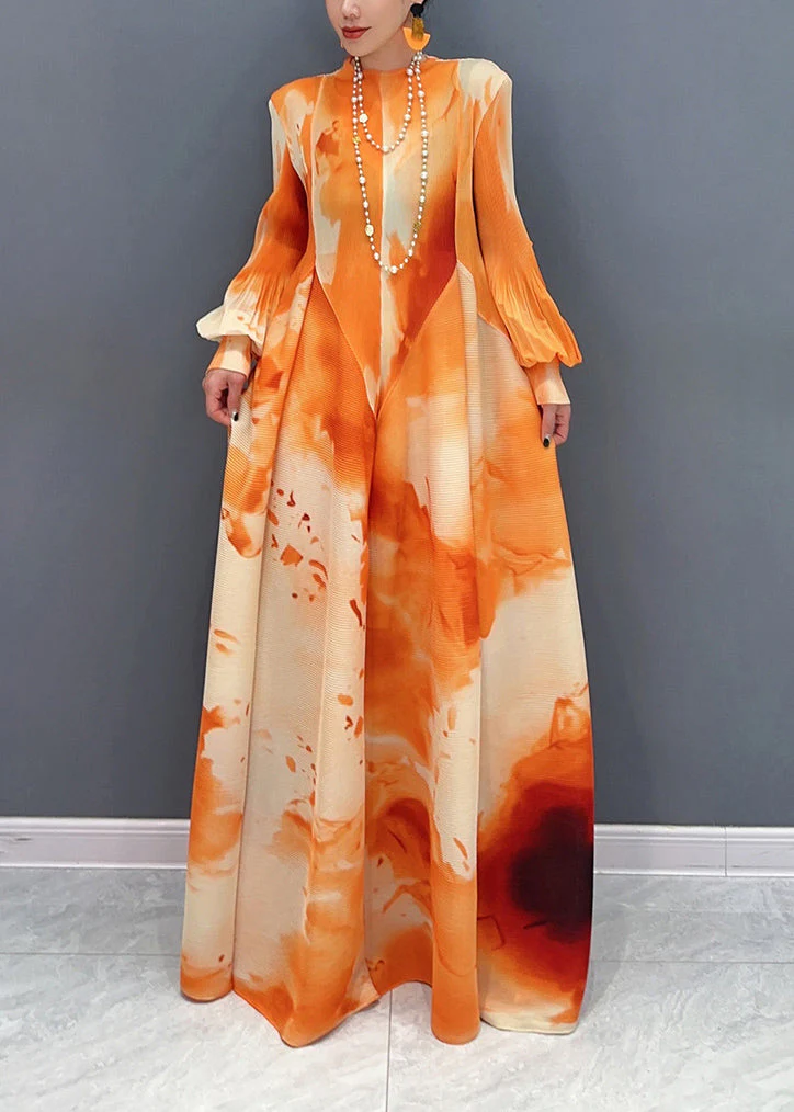 Women's Orange Print Patchwork Bubble Sleeve Dress Spring