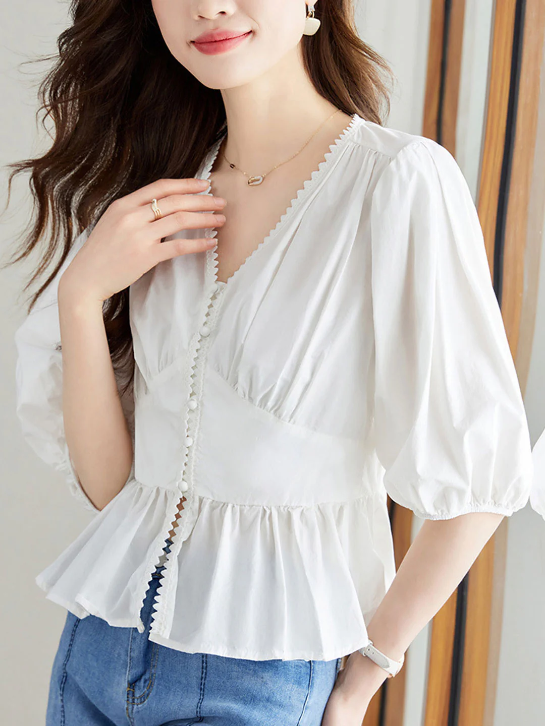 Elegant V-Neck Lantern Short Sleeve Cotton Blouse Top