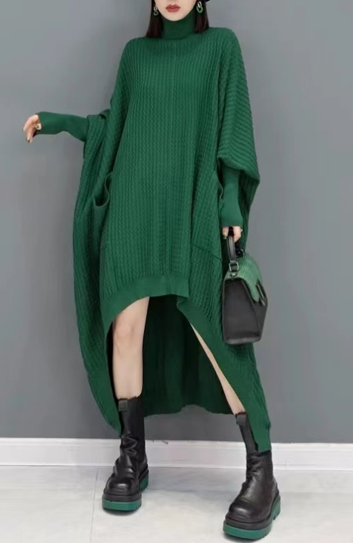 Casual Big Silhouette Knit Sweater Dress High Neck Asymmetric Bat Sleeve