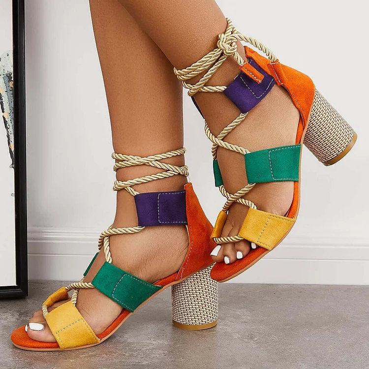 Hollow Colorful Chunky Heel Lace-Up Sandals