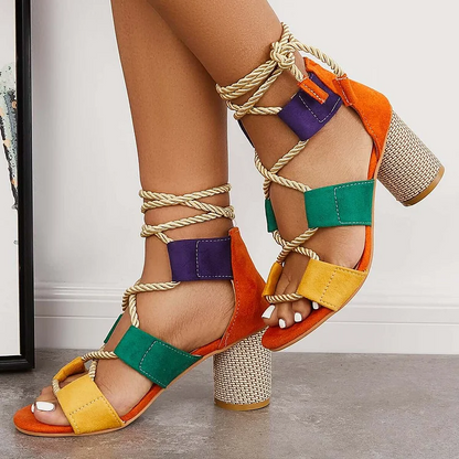 Hollow Colorful Chunky Heel Lace-Up Sandals