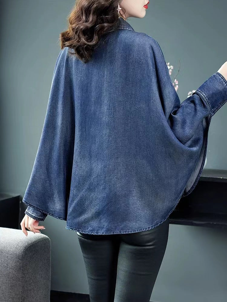 Elegant Lapel Asymmetric Embroidered Bat Sleeve Denim Top