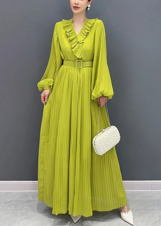 Women's Green V Neck Pleated Cotton Long Sleeve Dress Spring