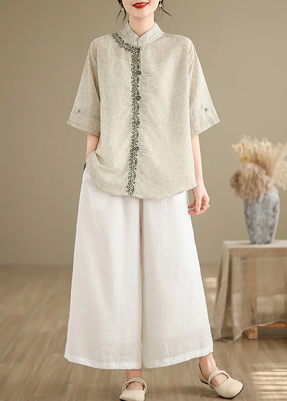 Women's Green Embroidery Printed Linen Top Summer