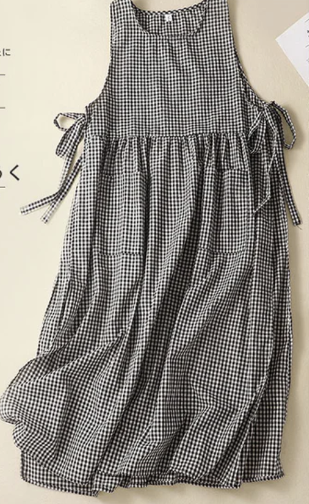 Chic Side Open Pockets Plaid Linen Extra Long Dress Sleeveless