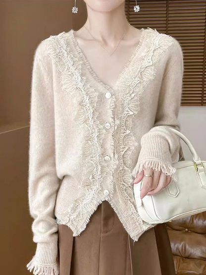 Women's V-Neck Lace Knit Cardigan Spring