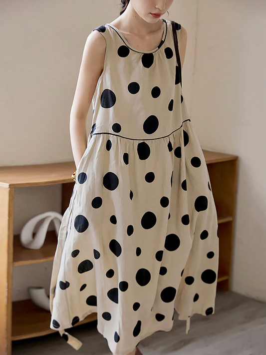 Women's Polka Dot Drawstring Linen Vest Dress