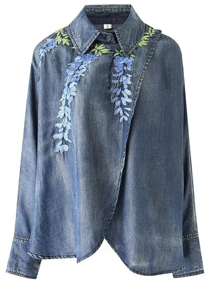 Elegant Lapel Asymmetric Embroidered Bat Sleeve Denim Top