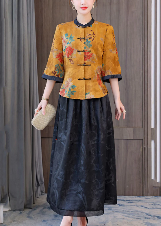 Chinese Style Collar Printed Silk Top Half Skirt Two Piece Half Sleeve Set