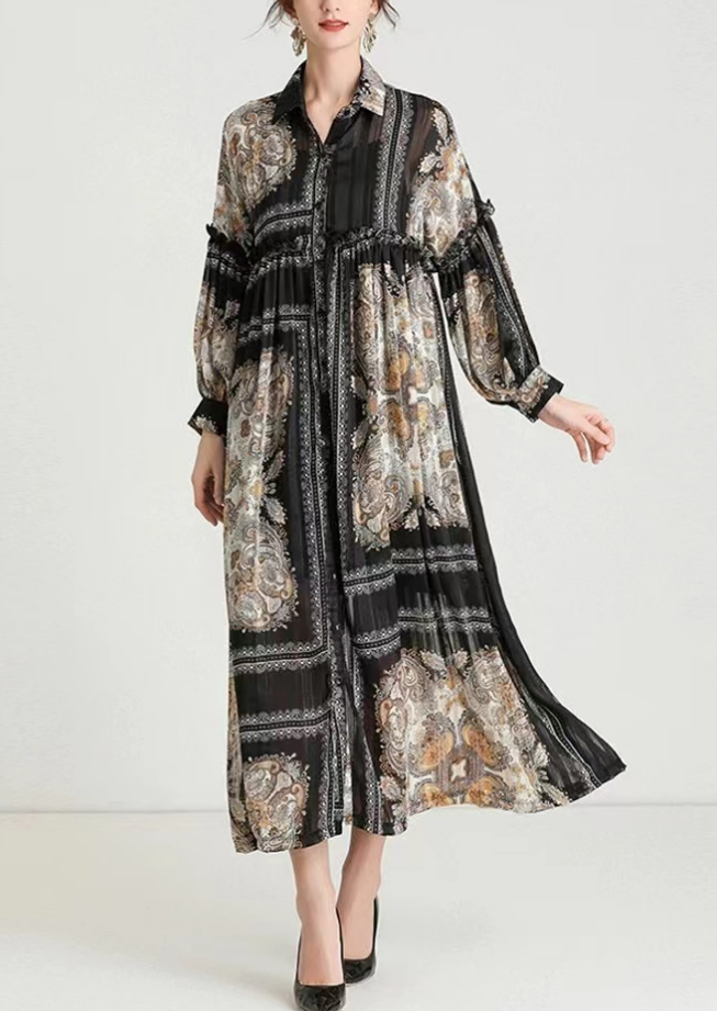 French Print Lapel Long Sleeve Cardigan Dress