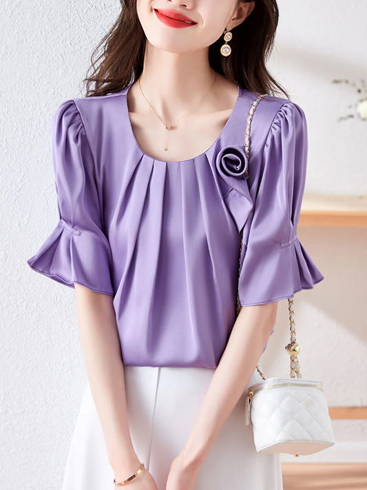 Elegant Round Neck Floral Satin Chiffon Short Sleeve Blouse Top