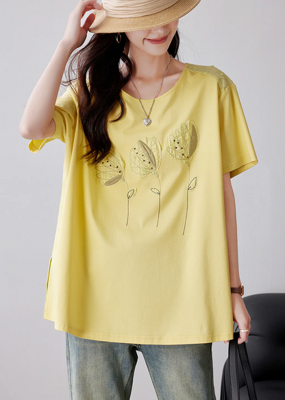 Women's Yellow Embroidered Applique Cotton T-Shirt Summer