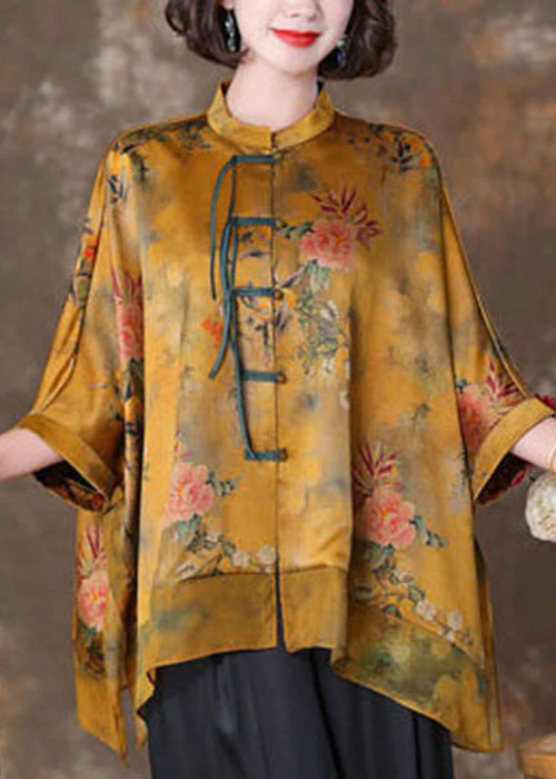 Elegant Stand Collar Oversized Patchwork Printed Silk Blouse Batwing Sleeve Top