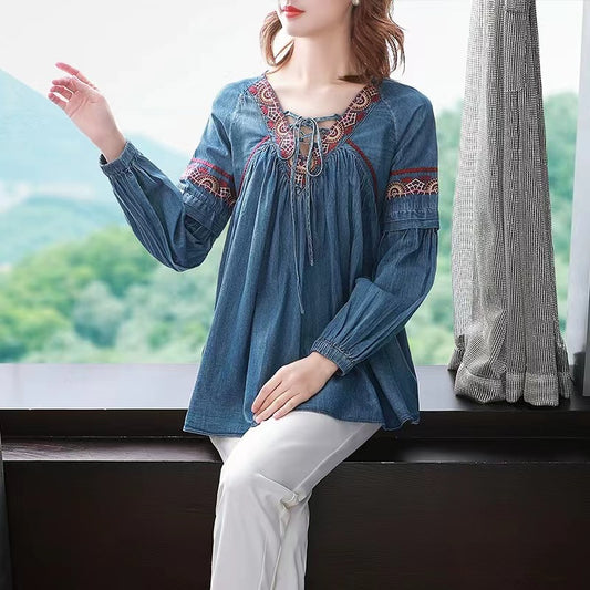 Loose Embroidered Geometric Tie Long Sleeve Denim Top