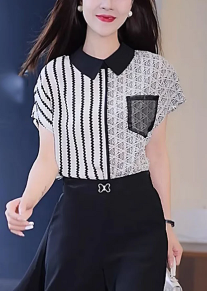 Stylish Striped Patchwork Shirt Short Sleeve Top