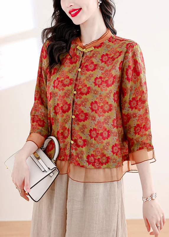 Elegant Standing Collar Printed Patchwork Linen Shirt Top