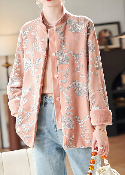 Women's Pink Sequin Button Velvet Long Sleeve Jacket Spring