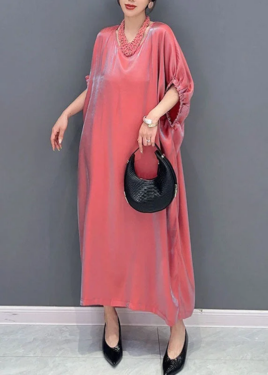 Elegant Pink Round Neck Silk Long Dress Short Sleeve