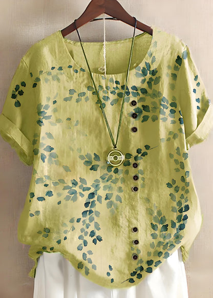 Women's Loose Yellow Round Neck Floral Short Sleeve Top