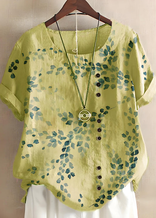 Women's Loose Yellow Round Neck Floral Short Sleeve Top