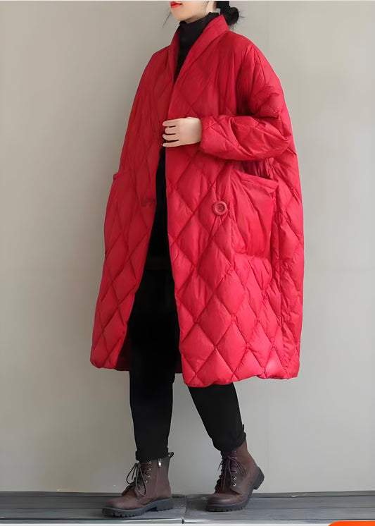 Casual Women's Red Standing Collar Solid Color Large Pocket Padded Down Jacket